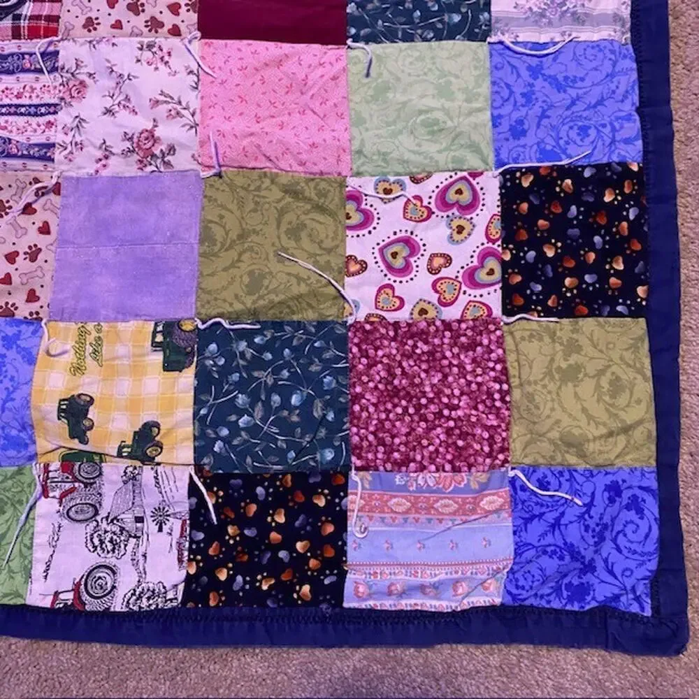 Vintage Handmade Patchwork Postage Stamp Quilt 48x48 Blue Colorful Unisex
